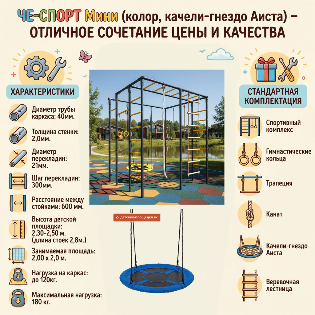 Детская площадка для дачи ЧЕ-СПОРТ Мини (колор, качели-гнездо Аиста) 8017 фото 3