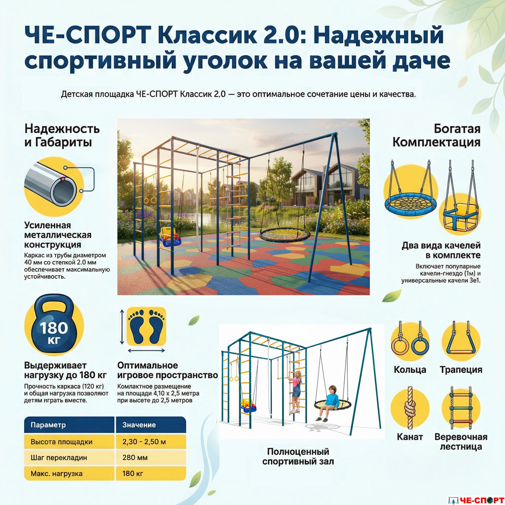 Детская площадка для дачи ЧЕ-СПОРТ Классик 2.0 (колор, качели 3в1, качели-гнездо) 8017 фото 3