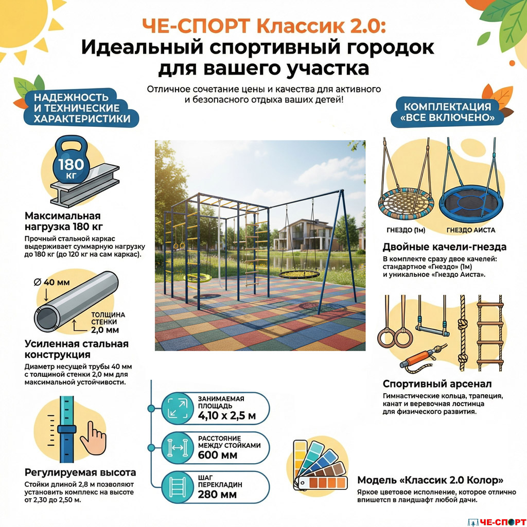 Детская площадка для дачи ЧЕ-СПОРТ Классик 2.0 (колор, качели-гнездо Аиста, качели-гнездо) 5021 фото 3