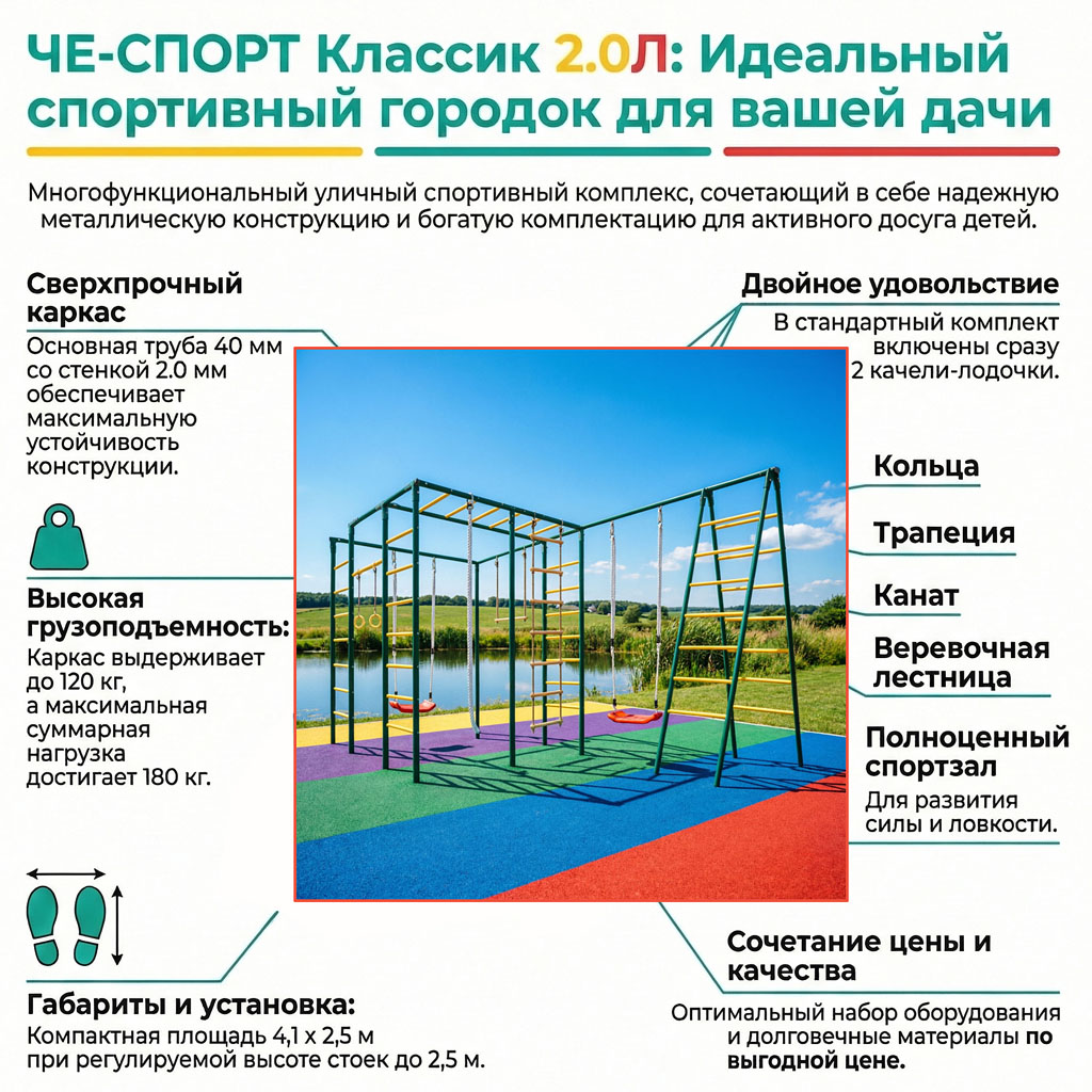 Детская площадка для дачи ЧЕ-СПОРТ Классик 2.0Л (колор, 2 качели-лодочка) 5021 фото 3